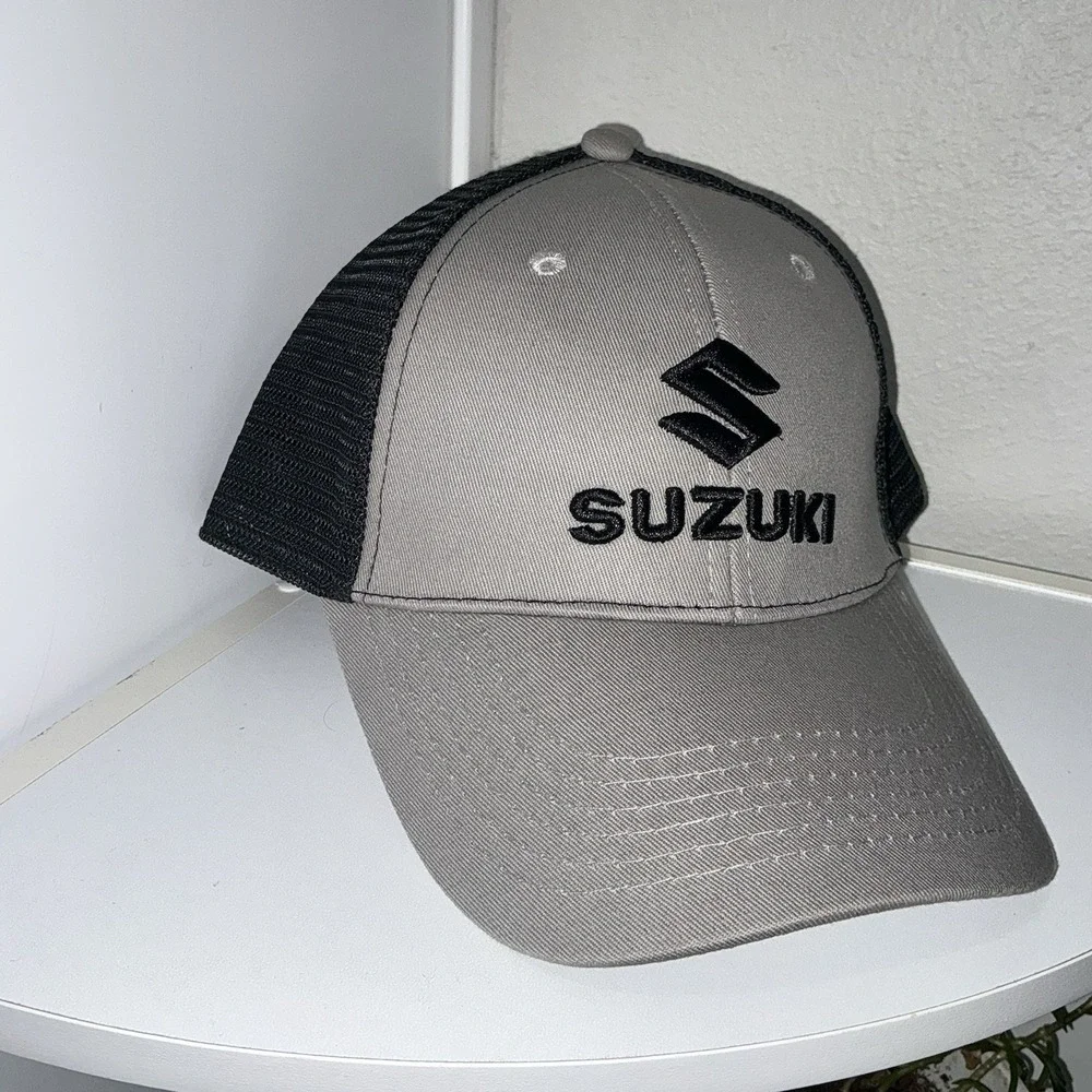 Suzuki Mesh Back Adjustable Gray Black Trucker Hat for Men Motorcycle Theme
